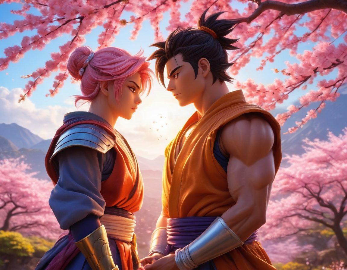 A powerful Saiyan warrior gazing at a heartfelt scene of two anime characters sharing a tender moment under a cherry blossom tree, symbolizing the contrast between strength and love. The background features vibrant landscapes inspired by popular anime worlds, with glowing energy bursts around the warrior. The colors are vivid and emotionally evocative. super-realistic. vibrant colors. anime style.