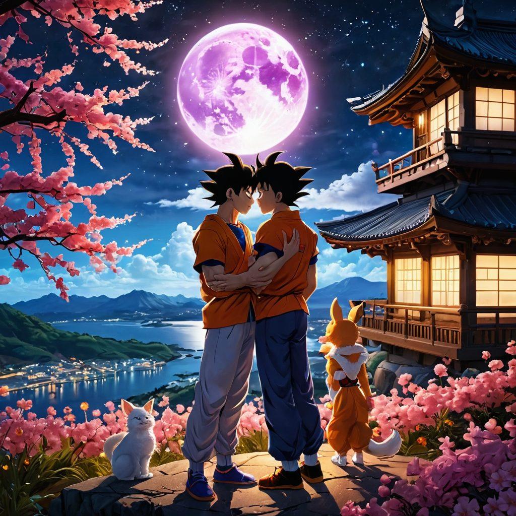 A dramatic scene featuring Goku and Chi-Chi sharing a tender moment under a starlit sky, surrounded by vibrant blooming flowers. In the background, iconic Dragon Ball Z locations like the Lookout and Kame House softly illuminated. The emotions of love and devotion radiate through their expressions. The style should be super-realistic with vivid colors, capturing the essence of romance in an anime theme.